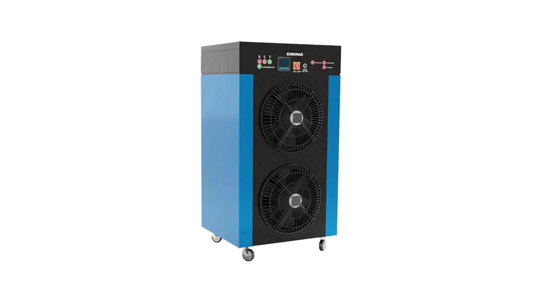 A blue and black carpet dehumidifier drying machine with control buttons and a fan on the front.