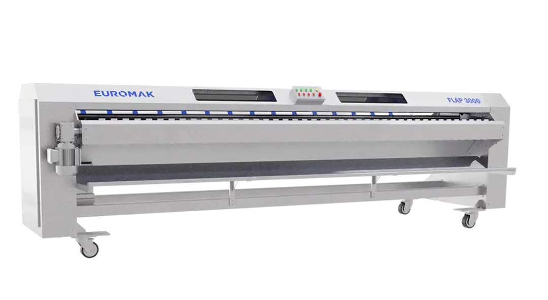 A gray Euromak Flap 3000 10ft Carpet Rug Duster Dusting Machine with dual beating rollers, a sweeping brush system, and an industrial vacuum.