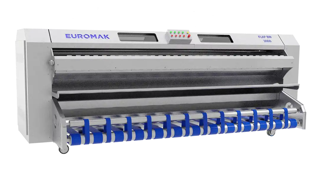 A professional carpet rug duster machine with a blue and gray color scheme, featuring a series of brushes and a control panel.