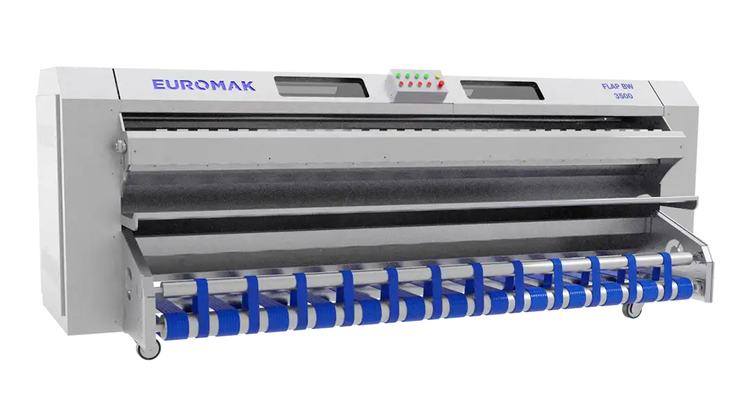 dusting machine extracting fine dust from oriental rugs. Industrial carpet rug duster machine with blue brushes and a gray body, labeled 'EUROMAK'.