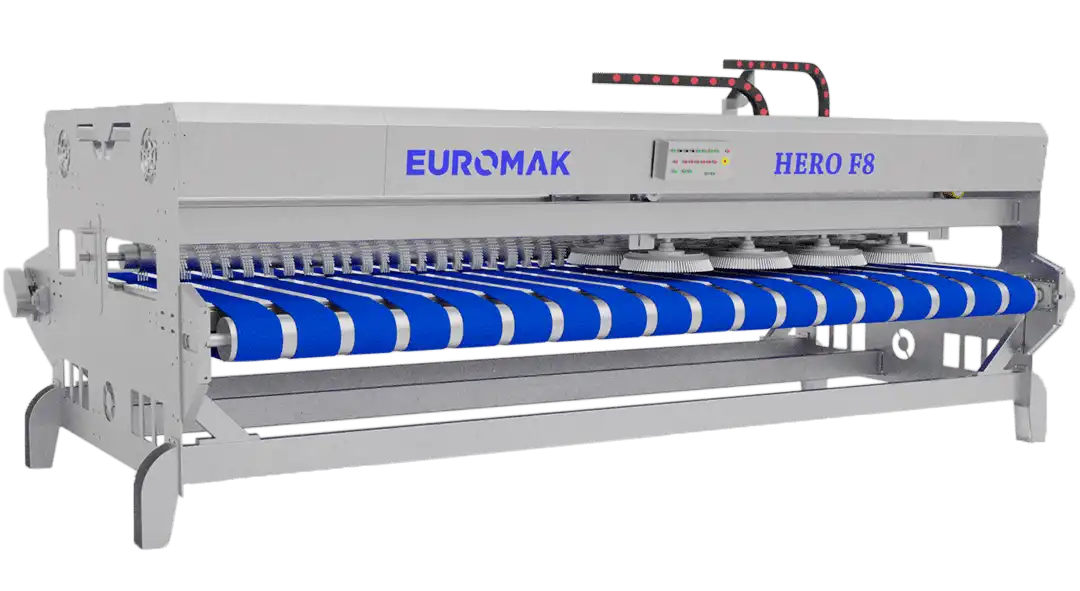 Euromak Hero F8 2500 industrial rug washing machine with blue brushes and a gray metal frame.