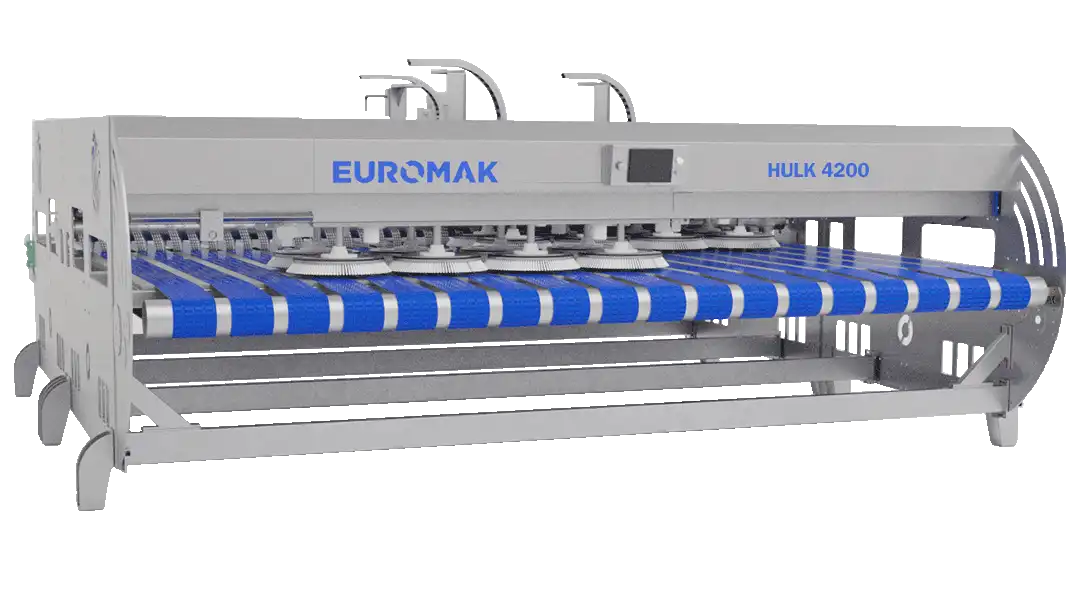Industrial rug washing machine with a blue and silver color scheme, labeled 'EUROMAK HULK 4200'.