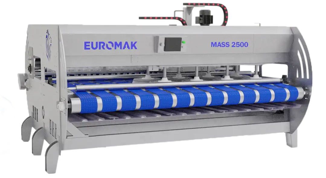 A gray Euromak Mass 2500 automatic rug and carpet washing machine with blue accents, featuring a belt with disc brushes attached to it, designed for commercial use.