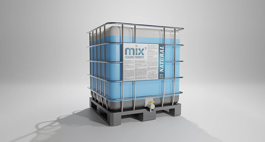 A large blue container labeled 'Mix7' representing Natural Carpet & Rug Shampoo, indicating it is a professional-grade cleaning solution.