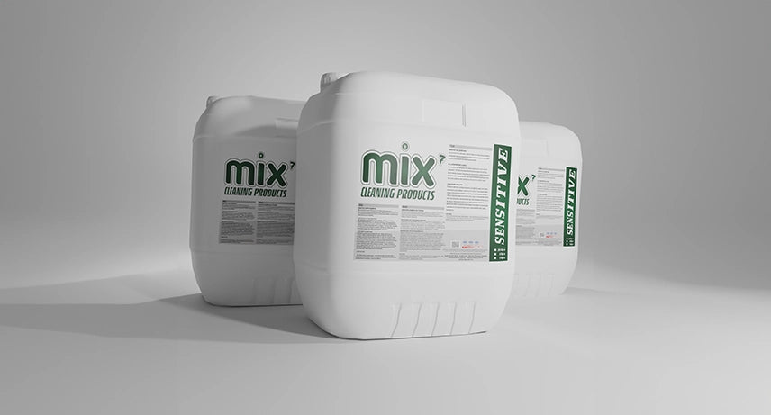 Three white containers of Mix7 Sensitive Carpet & Rug Shampoo with product details visible on the labels, set against a white background.