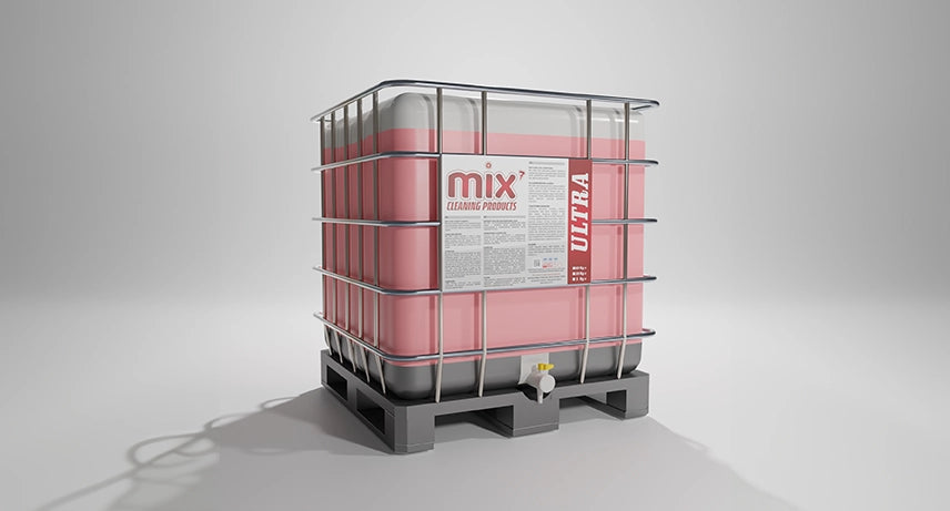 A large container of Mix7 Ultra Carpet & Rug Shampoo with a label showing the product name and details.