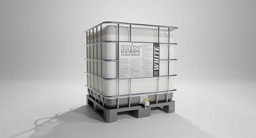 A large white container labeled 'Mix7 White Carpet & Rug Shampoo' designed for professional carpet cleaning.