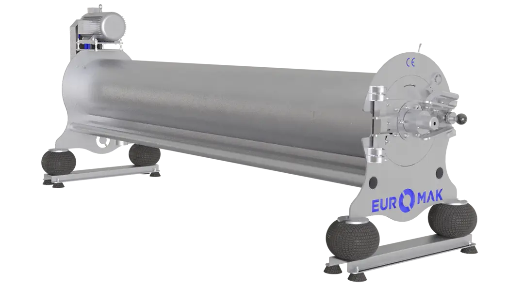 A professional Euromak Spin 2300 carpet spinning machine with a stainless steel drum and pneumatic locking cover, predominantly gray in color.