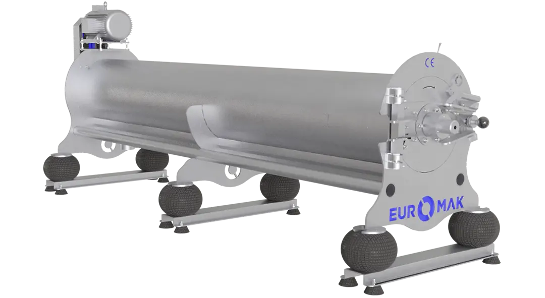 Industrial-grade stainless steel rug spinner centrifuge machine with a long cylindrical body and base supports, designed for carpet drying.