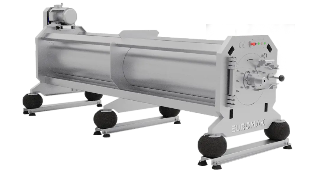 A long industrial rug centrifuge machine wringer spinner made of stainless steel, with a gray finish and black controls.