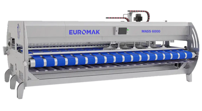 Euromak Mass 6000 automatic rug carpet washing machine, featuring a metal construction with blue brushes, a touchscreen control panel, and a industrial design.