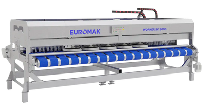 Euromak Worker SC 3000 10ft Automatic Rug Washing Machine with blue brushes and a gray body. Rug washing machine for commercial cleaning operations
