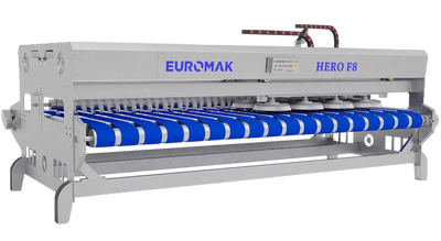 Industrial blue and gray rug washing machine with 'EUROMAK HERO F8' branding on the top. rug washing machine for commercial cleaning operations