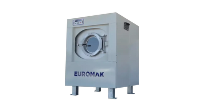 Industrial laundry washing machine with the brand name EUROMAK on the front, designed for large-scale laundry loads with a capacity of 200 lbs.