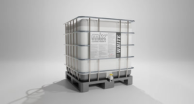 A large white container labeled 'Mix7 White Carpet & Rug Shampoo' designed for professional carpet cleaning.