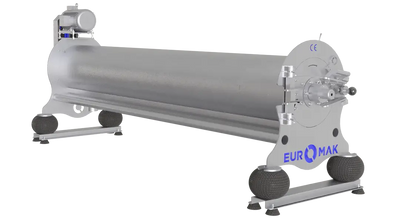 A professional Euromak Spin 2300 carpet spinning machine with a stainless steel drum and pneumatic locking cover, predominantly gray in color.